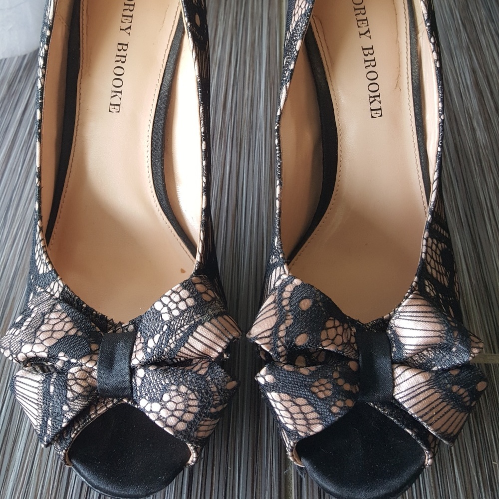 Audrey Brooke peep toe black lace stilettos